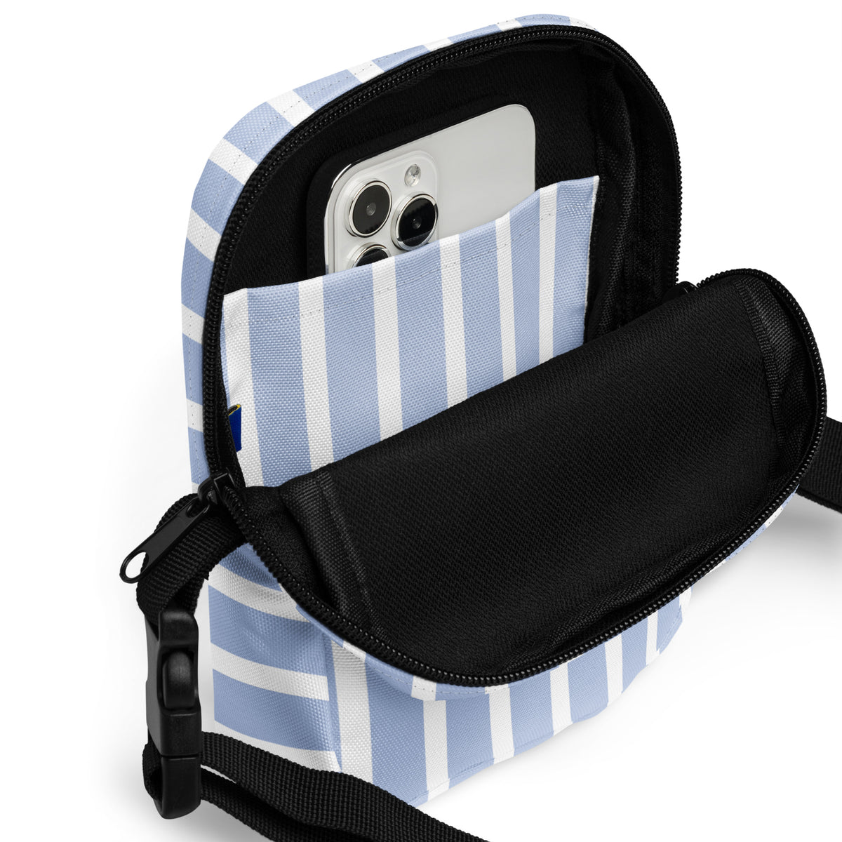 Light Blue Striped Crossbody Bag – Water Resistant Mini Purse With Adjustable Strap & Pockets