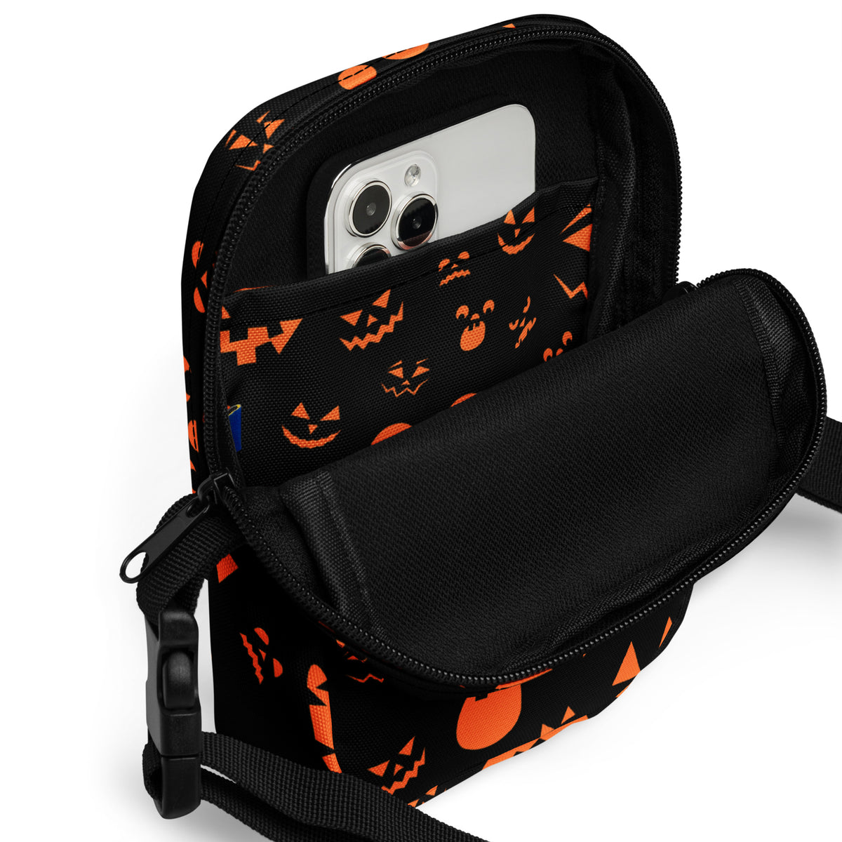 Orange Jack O Lantern Faces Halloween Crossbody Bag – Water Resistant Mini Purse With Adjustable Strap & Pockets