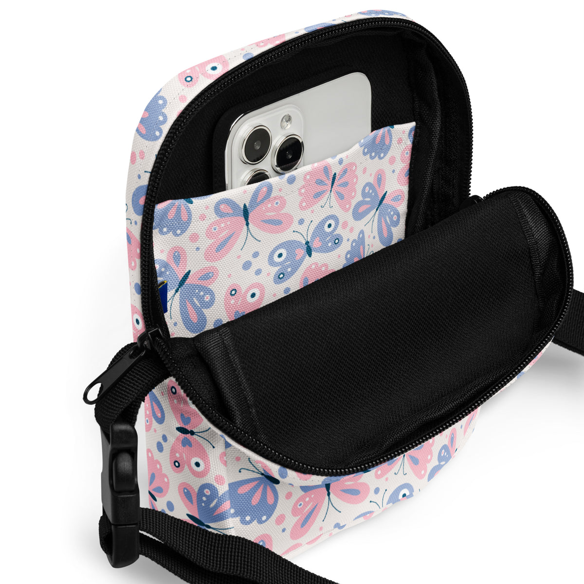 Pink & Purple Butterfly Crossbody Bag – Water Resistant Mini Purse With Adjustable Strap & Pockets