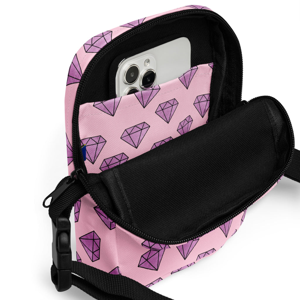 Purple Diamonds Crossbody Bag – Water Resistant Mini Purse With Adjustable Strap & Pockets