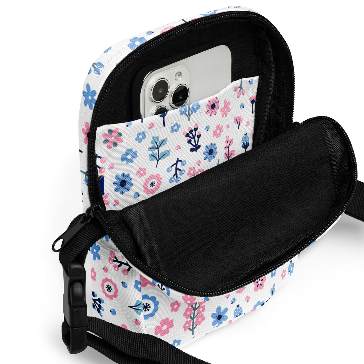 Pink & Blue Floral Crossbody Bag – Water Resistant Mini Purse With Adjustable Strap & Pockets