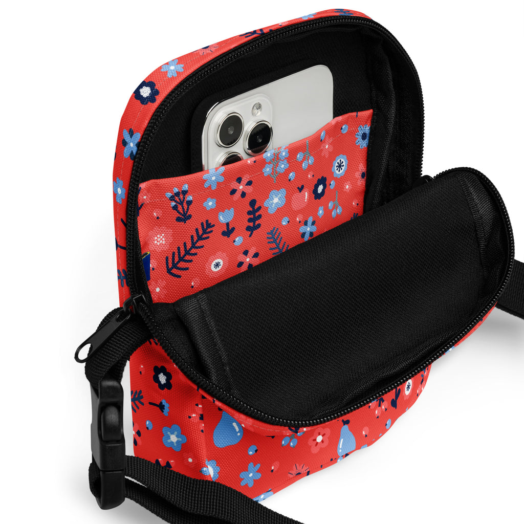 Red Floral Crossbody Bag – Water Resistant Mini Purse With Adjustable Strap & Pockets