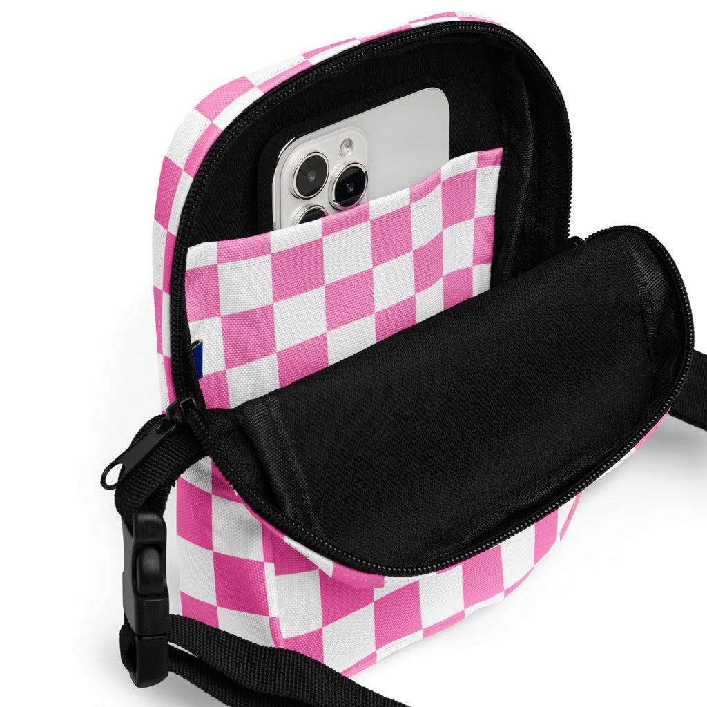 Pink Checkered Crossbody Bag – Water Resistant Mini Purse With Adjustable Strap & Pockets