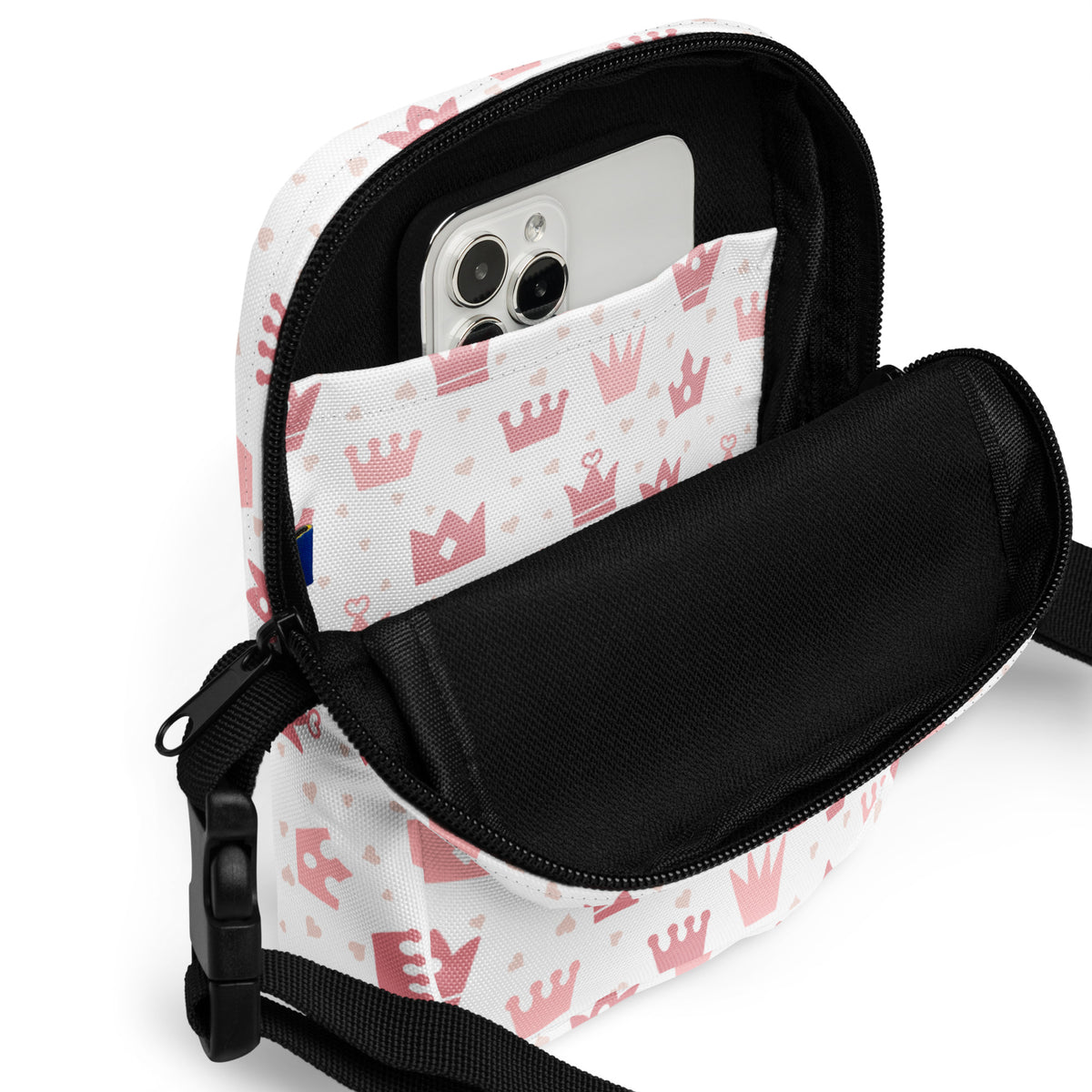 Girls Pink Crowns Crossbody Bag – Water Resistant Mini Purse With Adjustable Strap & Pockets