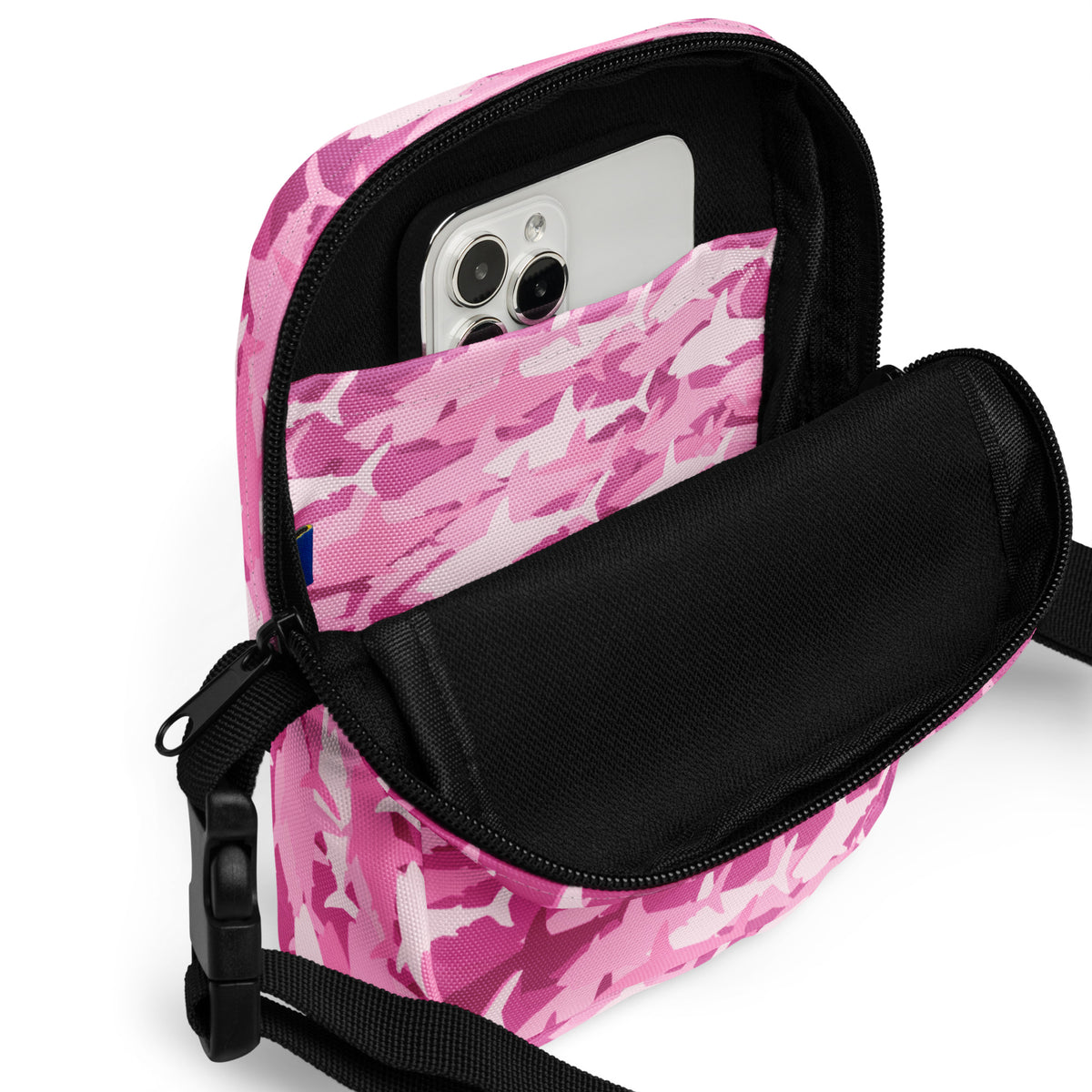 Girls Pink Shark Camouflage Crossbody Bag – Water Resistant Mini Purse With Adjustable Strap & Pockets