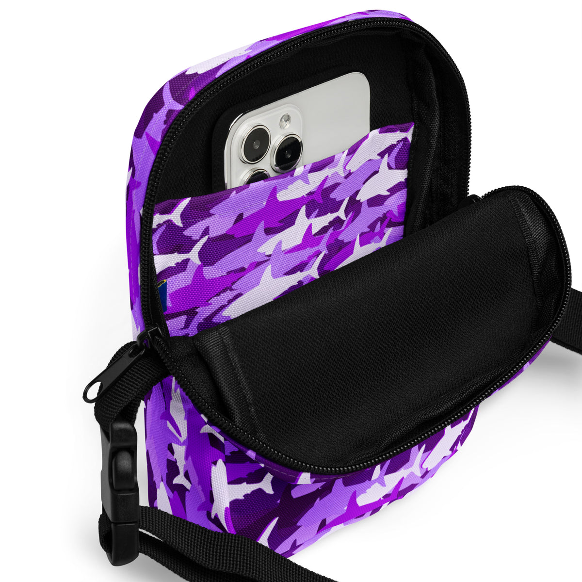 Girls Purple Shark Camouflage Crossbody Bag – Water Resistant Mini Purse With Adjustable Strap & Pockets