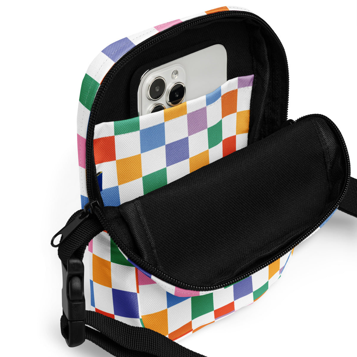Rainbow Checkered Crossbody Bag – Water Resistant Mini Purse With Adjustable Strap & Pockets