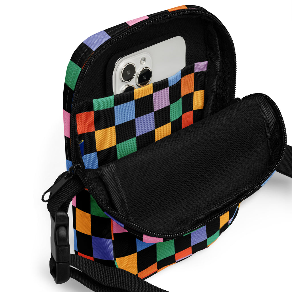 Black Rainbow Checkered Crossbody Bag – Water Resistant Mini Purse With Adjustable Strap & Pockets