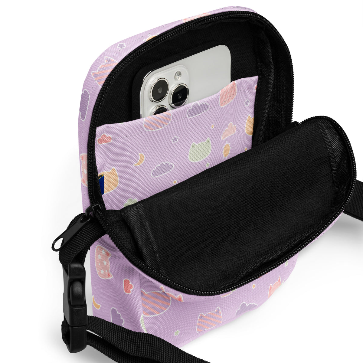 Pastel Purple Kawaii Cats & Clouds Crossbody Bag – Water Resistant Mini Purse With Adjustable Strap & Pockets
