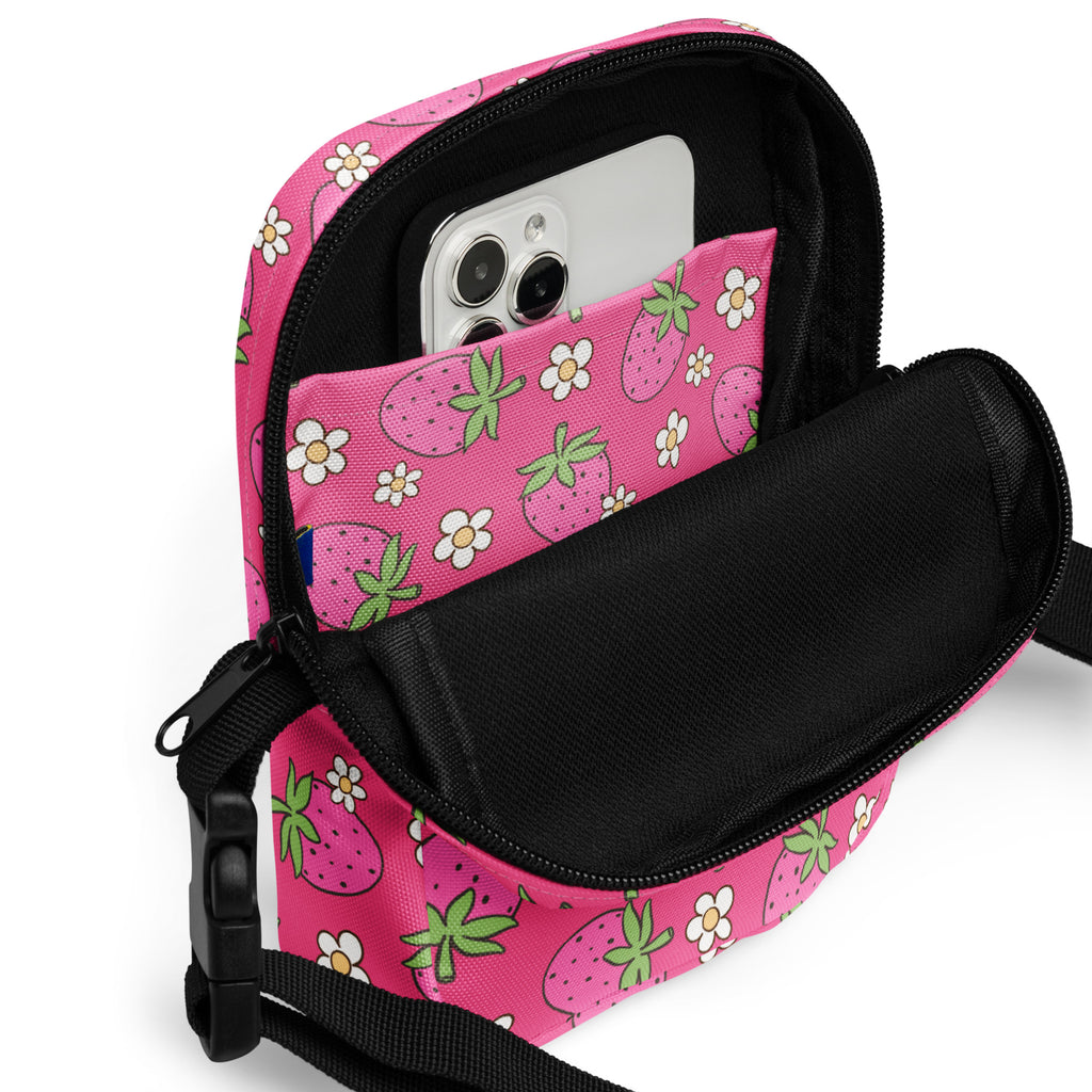 Pink Strawberry Crossbody Bag – Water Resistant Mini Purse With Adjustable Strap & Pockets