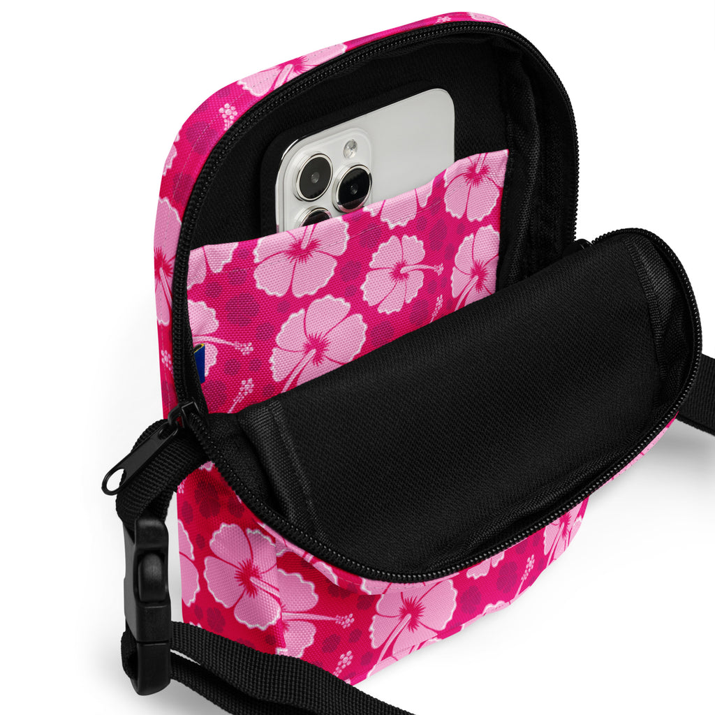 Tropical Pink Hibiscus Crossbody Bag – Water Resistant Mini Purse With Adjustable Strap & Pockets