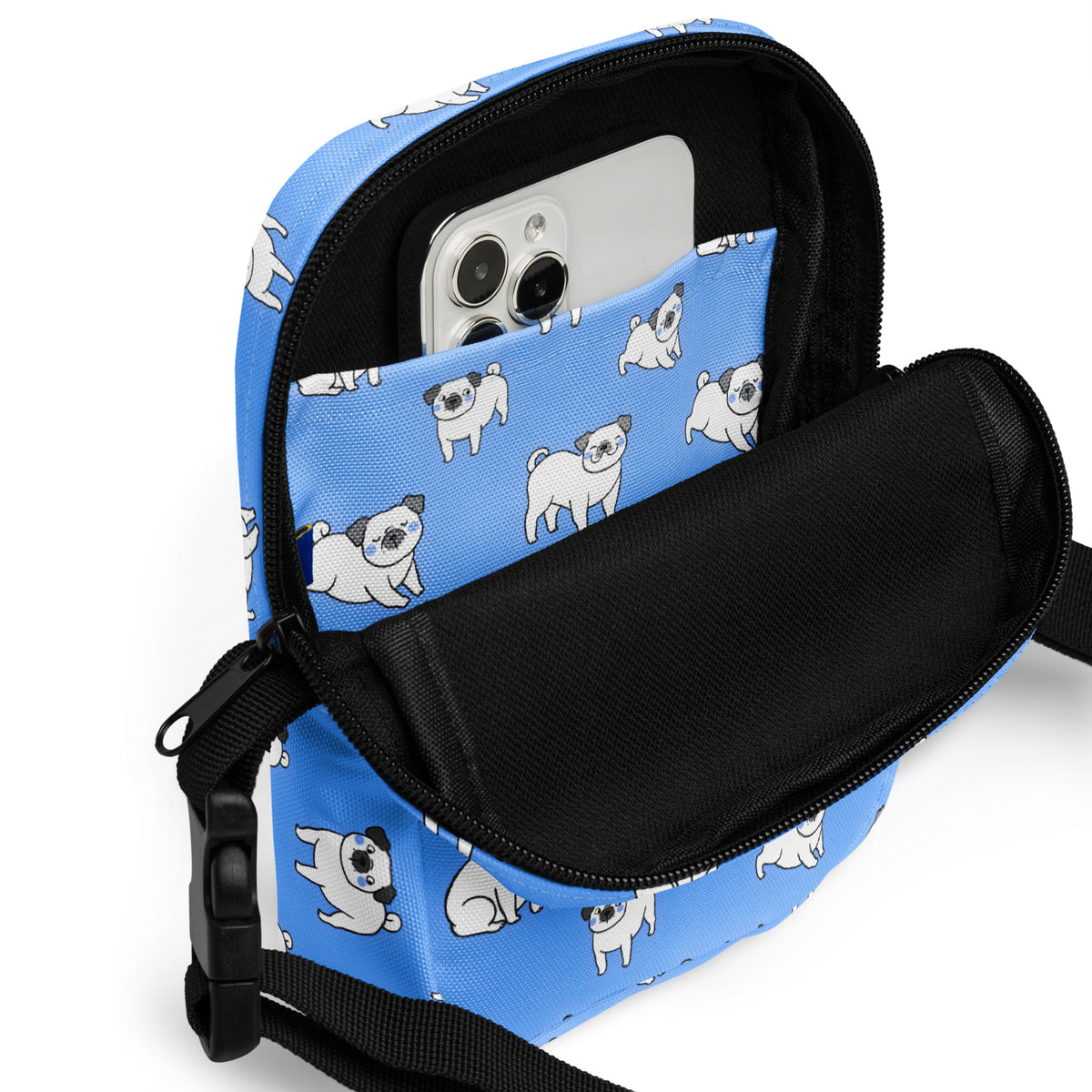 Blue Pug Crossbody Bag – Water Resistant Mini Purse With Adjustable Strap & Pockets