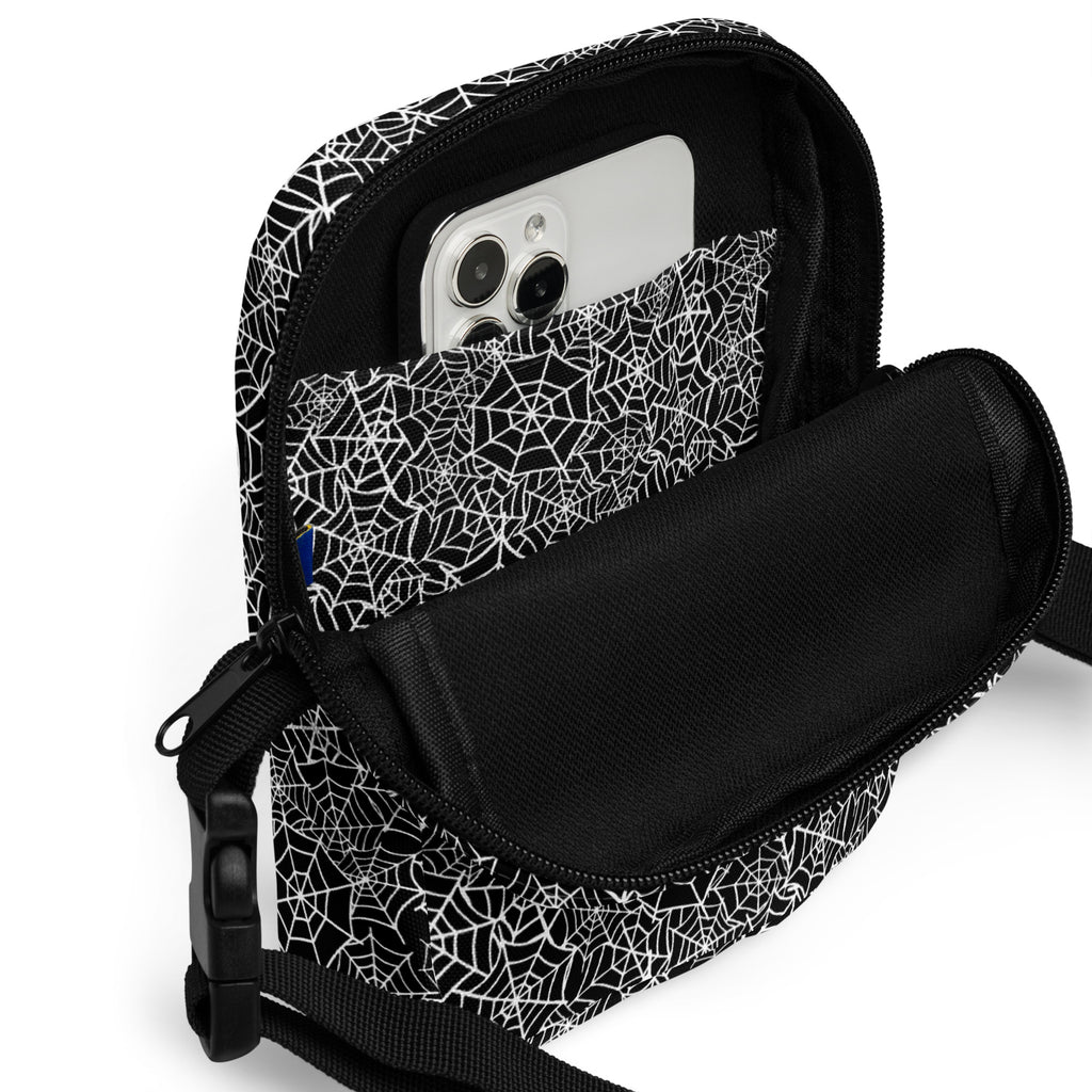 Black Spiderweb Crossbody Bag – Water Resistant Mini Purse With Adjustable Strap & Pockets