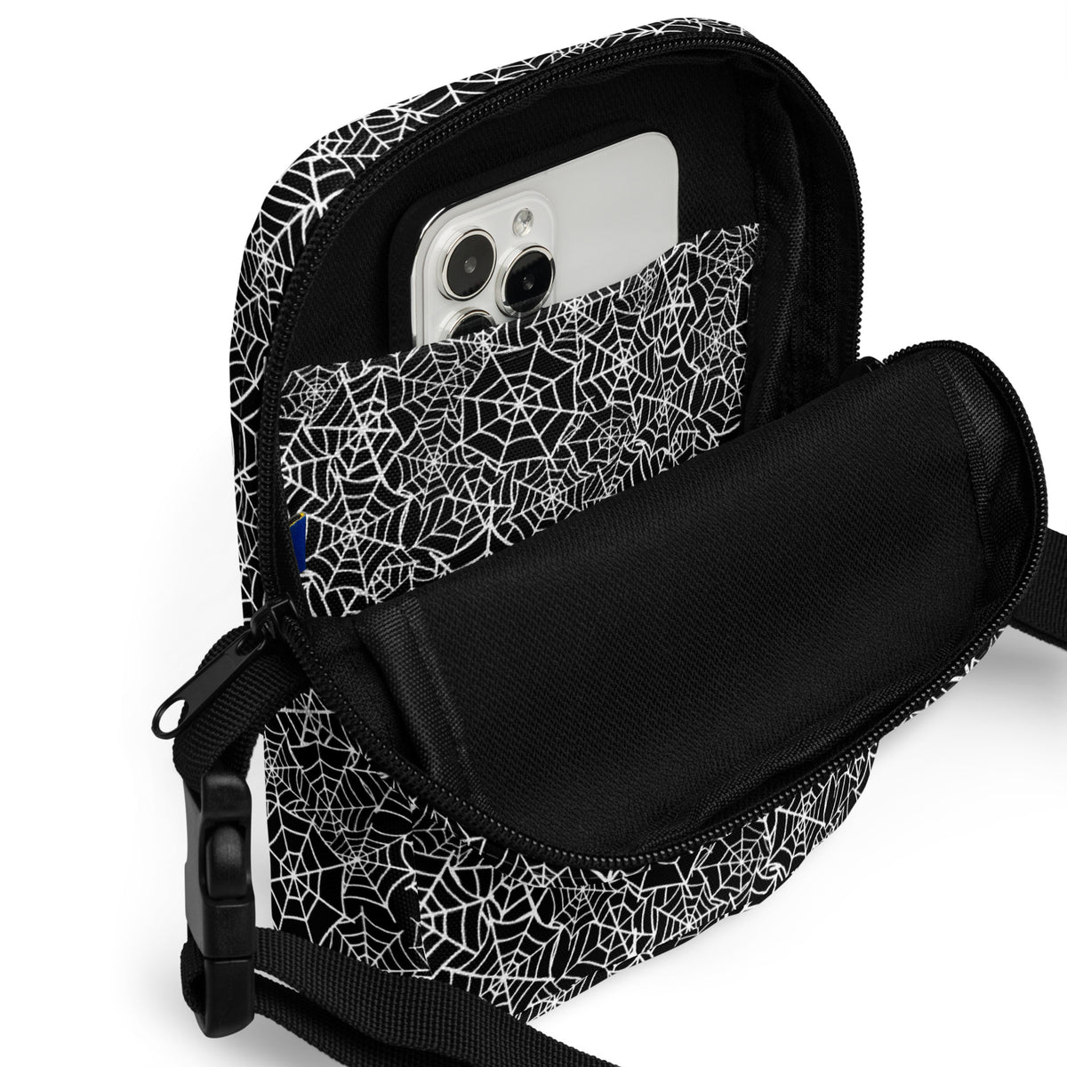 Black Spiderweb Crossbody Bag – Water Resistant Mini Purse With Adjustable Strap & Pockets