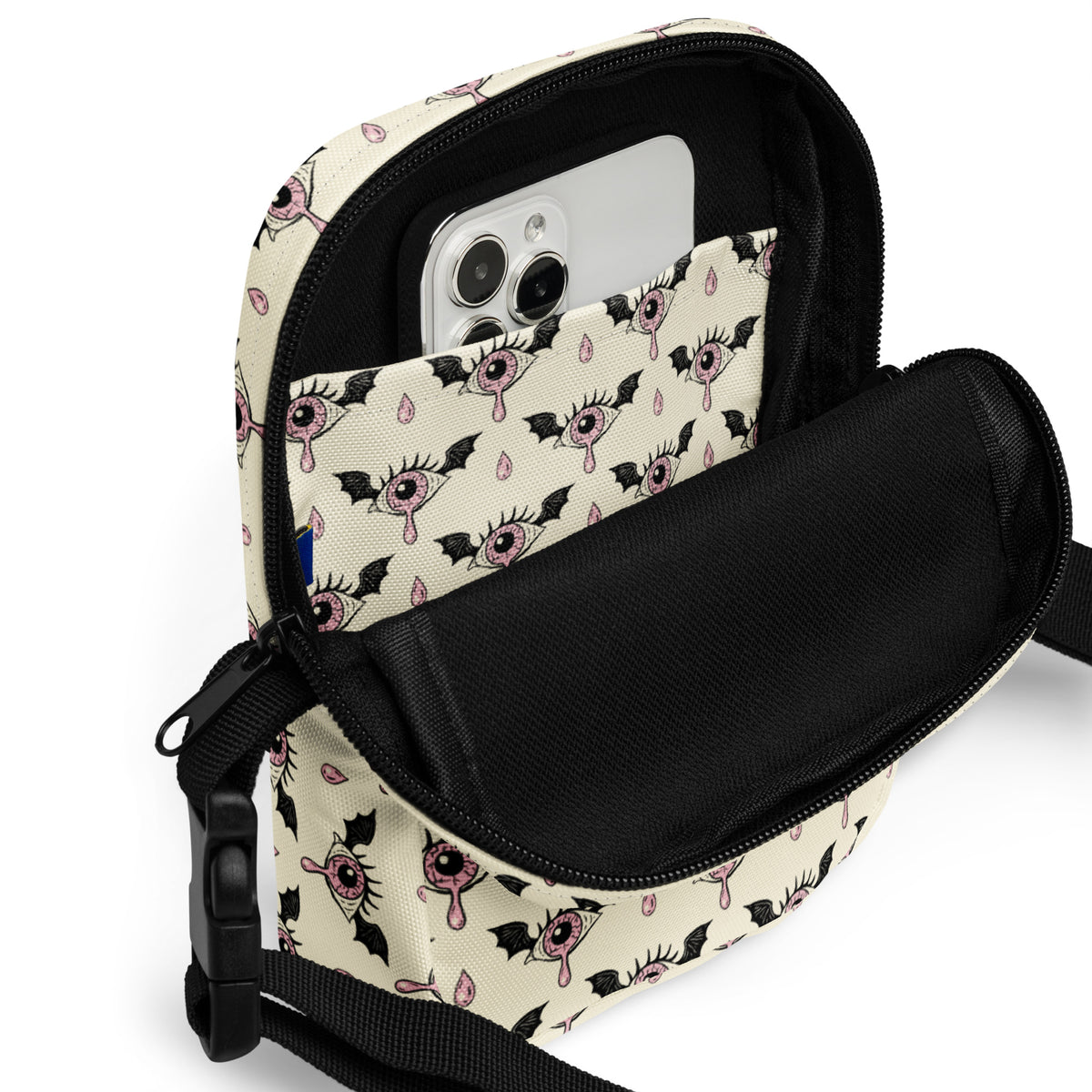 Spooky Pink Eyeball Bat Halloween Crossbody Bag – Water Resistant Mini Purse With Adjustable Strap & Pockets