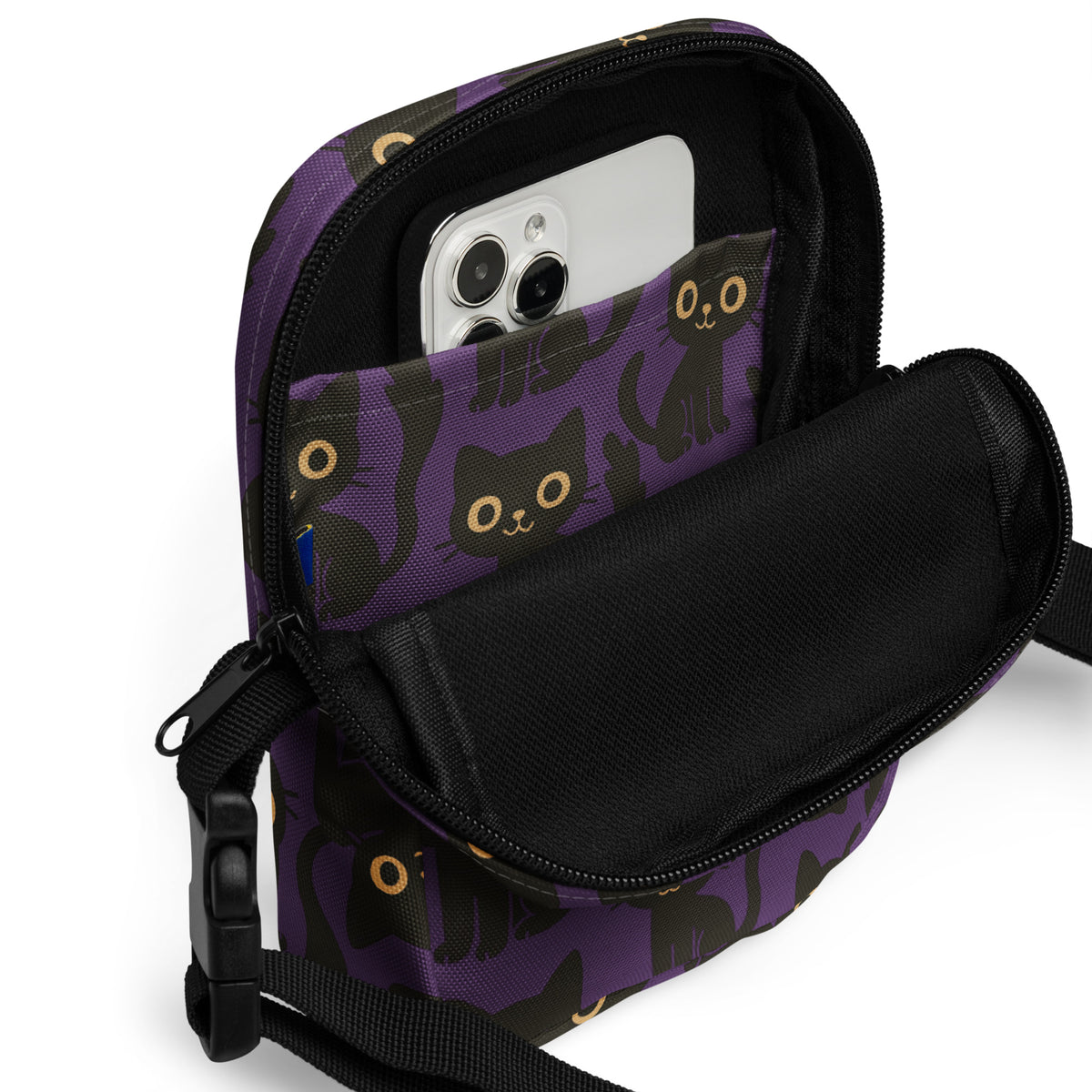 Cute Black Cat Halloween Crossbody Bag – Water Resistant Mini Purse With Adjustable Strap & Pockets