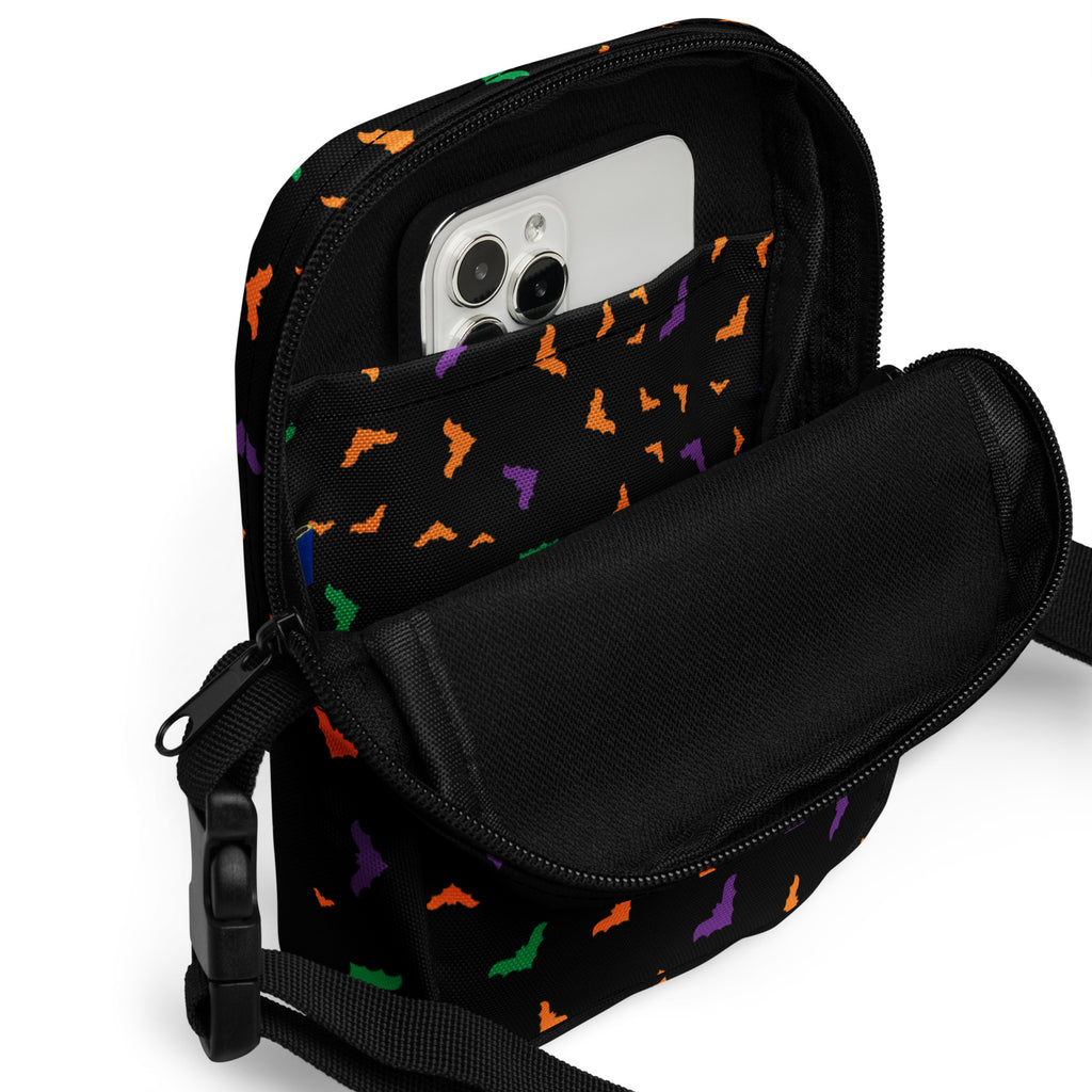 Colorful Bats Halloween Crossbody Bag – Water Resistant Mini Purse With Adjustable Strap & Pockets