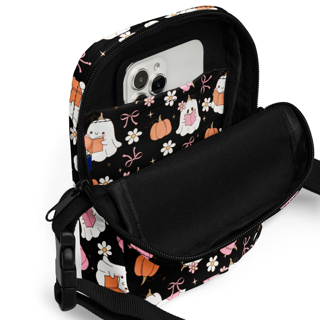 Reading Ghost Halloween Crossbody Bag – Water Resistant Mini Purse With Adjustable Strap & Pockets