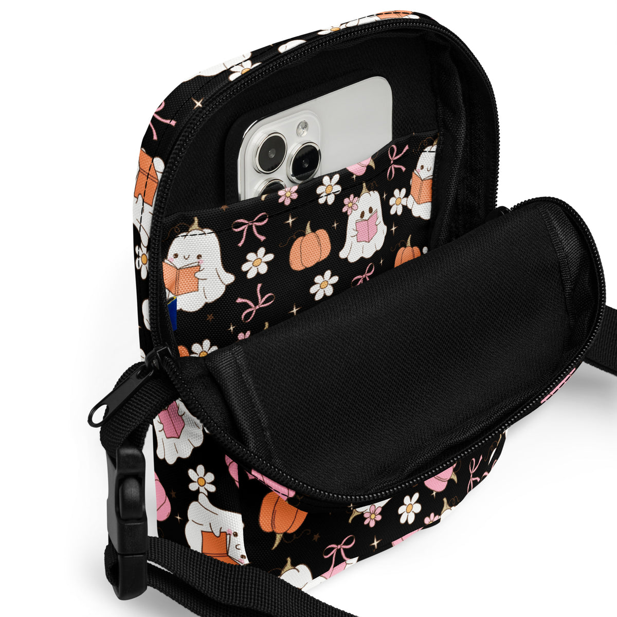 Reading Ghost Halloween Crossbody Bag – Water Resistant Mini Purse With Adjustable Strap & Pockets