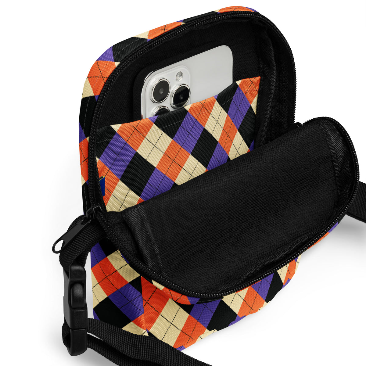 Halloween Argyle Crossbody Bag – Water Resistant Mini Purse With Adjustable Strap & Pockets