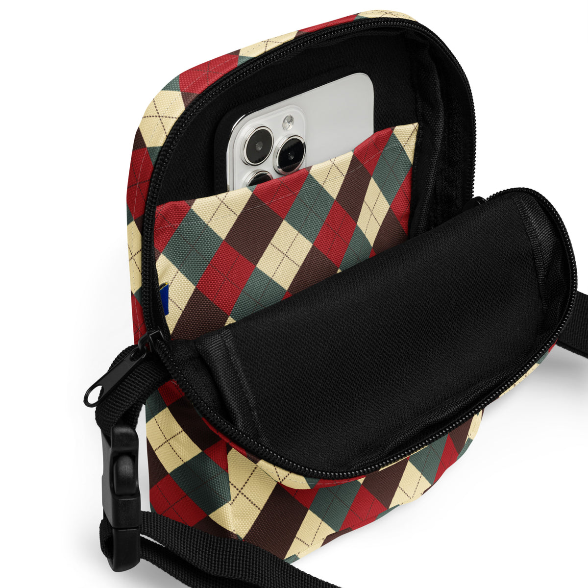 Vintage Christmas Argyle Crossbody Bag – Water Resistant Mini Purse With Adjustable Strap & Pockets