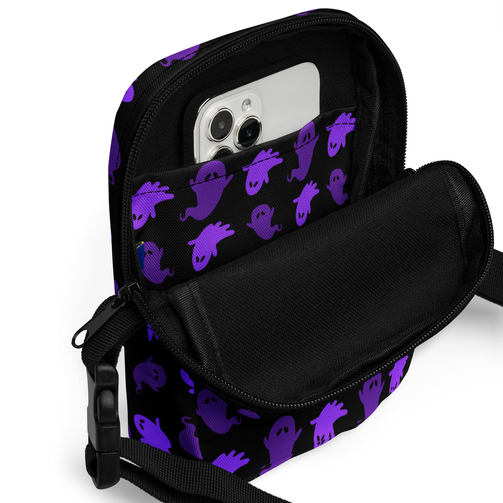 Purple Ghost Halloween Crossbody Bag – Water Resistant Mini Purse With Adjustable Strap & Pockets