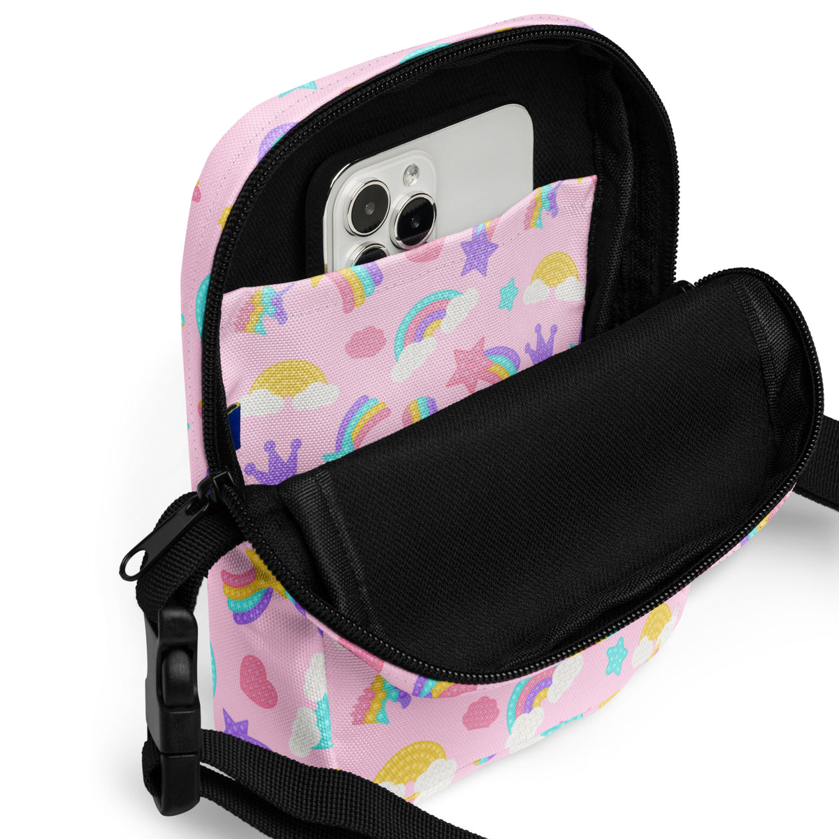 Girls Pink Rainbow Fidget Toy Crossbody Bag – Water Resistant Mini Purse With Adjustable Strap & Pockets