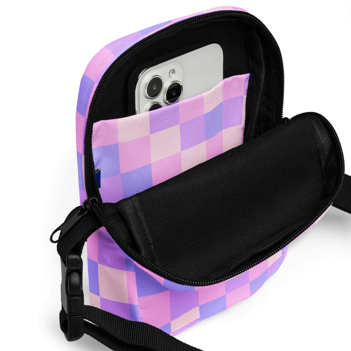Pink & Purple Checkered Crossbody Bag – Water Resistant Mini Purse With Adjustable Strap & Pockets