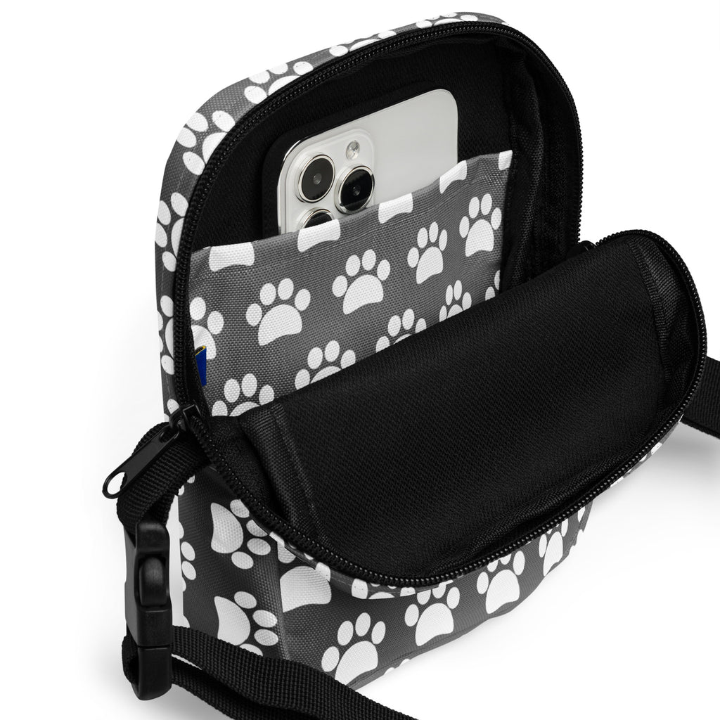 Gray Paw Print Crossbody Bag – Water Resistant Mini Purse With Adjustable Strap & Pockets