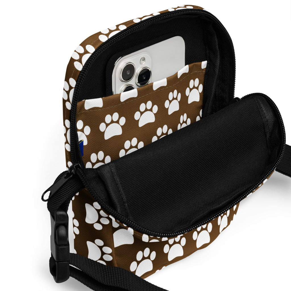 Brown Paw Print Crossbody Bag – Water Resistant Mini Purse With Adjustable Strap & Pockets