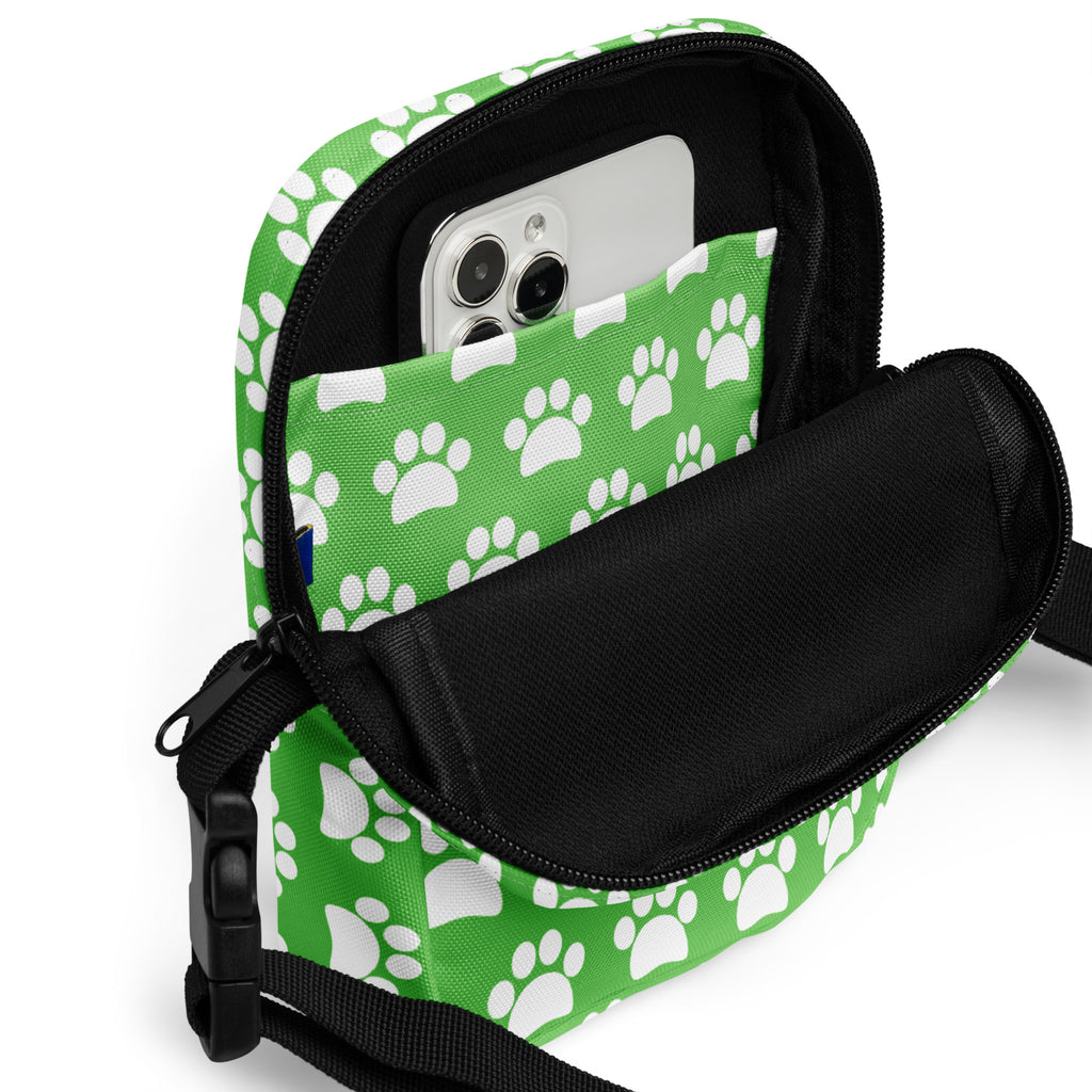 Green Paw Print Crossbody Bag – Water Resistant Mini Purse With Adjustable Strap & Pockets