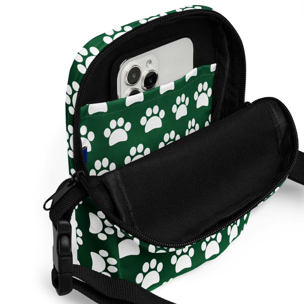 Forest Green Paw Print Crossbody Bag – Water Resistant Mini Purse With Adjustable Strap & Pockets