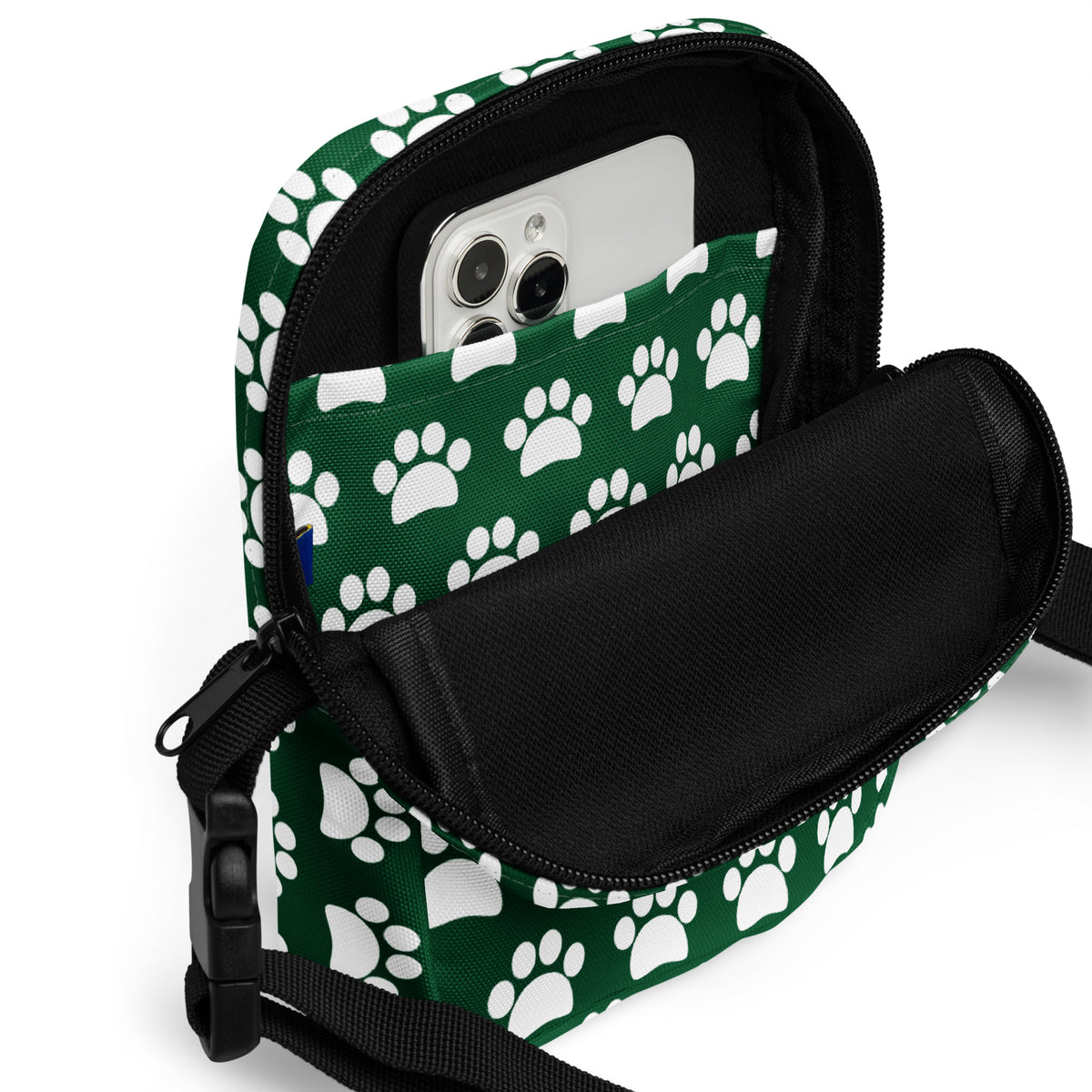 Forest Green Paw Print Crossbody Bag – Water Resistant Mini Purse With Adjustable Strap & Pockets