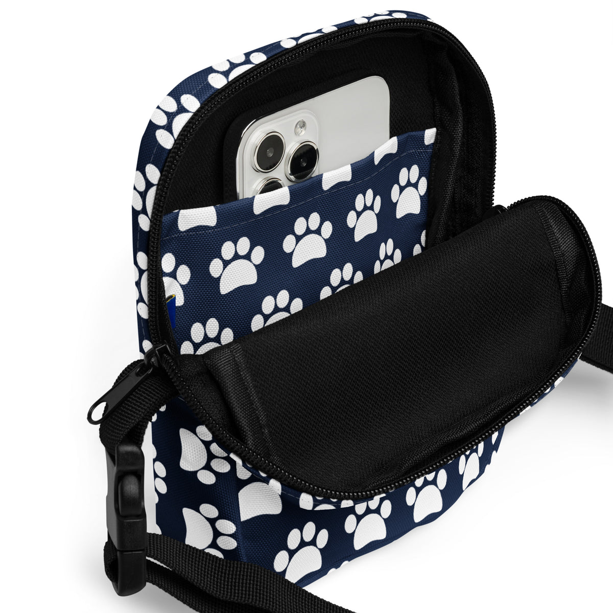 Navy Blue Paw Print Crossbody Bag – Water Resistant Mini Purse With Adjustable Strap & Pockets