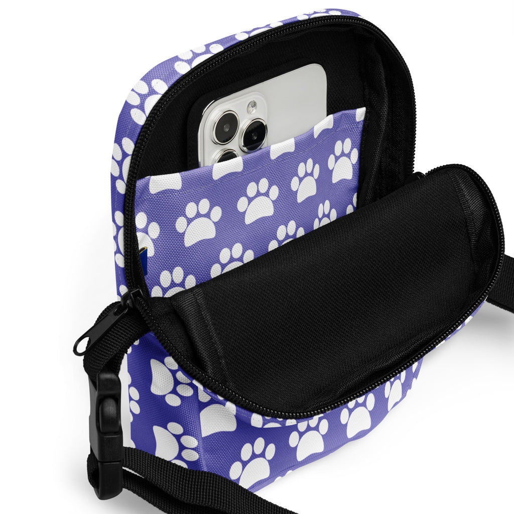 Purple Paw Print Crossbody Bag – Water Resistant Mini Purse With Adjustable Strap & Pockets