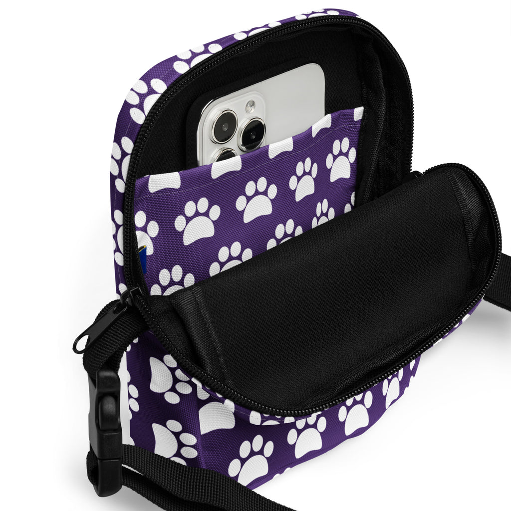 Dark Purple Paw Print Crossbody Bag – Water Resistant Mini Purse With Adjustable Strap & Pockets