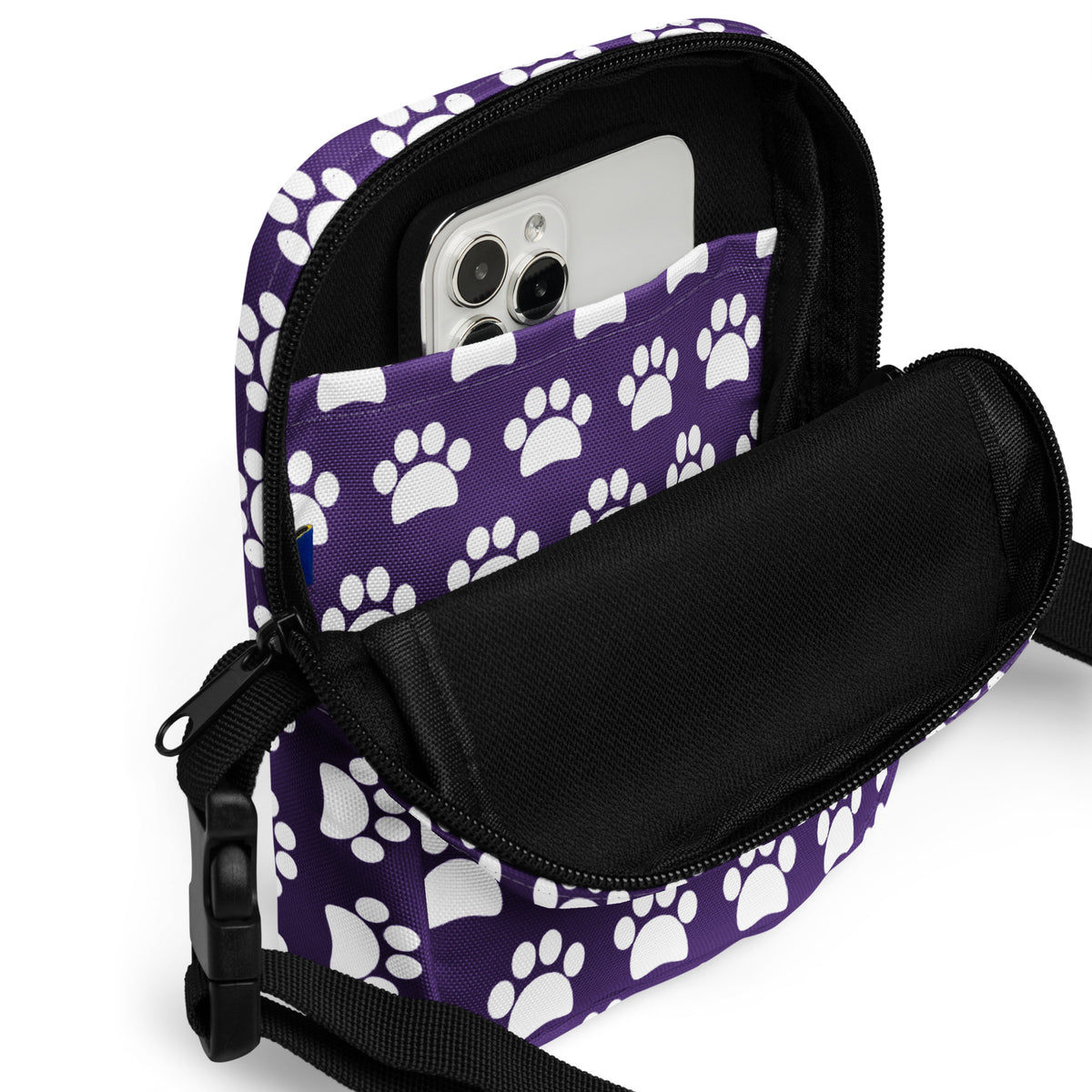 Dark Purple Paw Print Crossbody Bag – Water Resistant Mini Purse With Adjustable Strap & Pockets