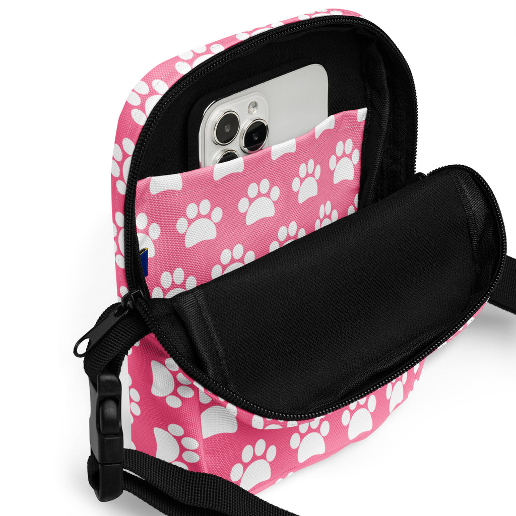 Pink Paw Print Crossbody Bag – Water Resistant Mini Purse With Adjustable Strap & Pockets