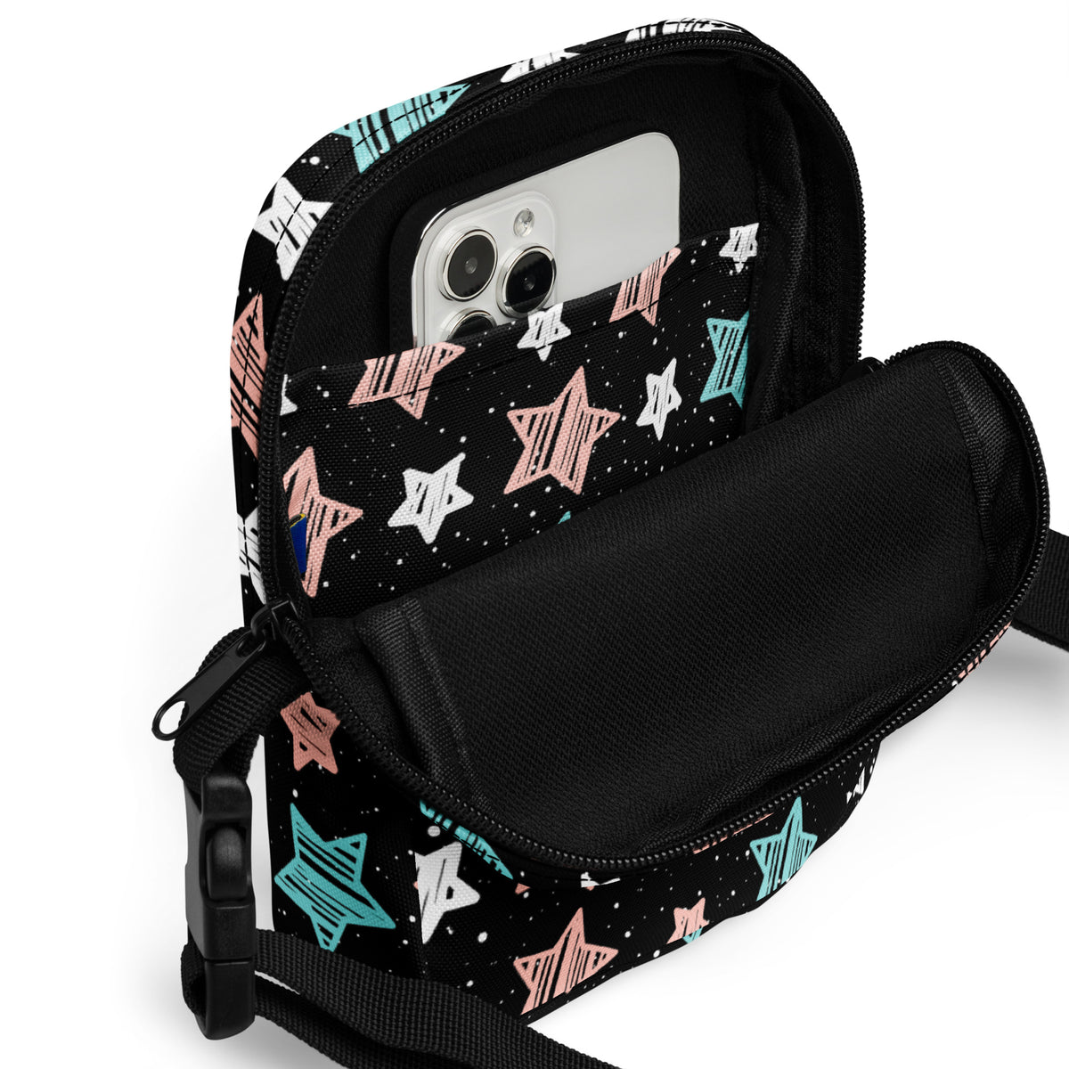 Colorful Doodle Star Crossbody Bag – Water Resistant Mini Purse With Adjustable Strap & Pockets