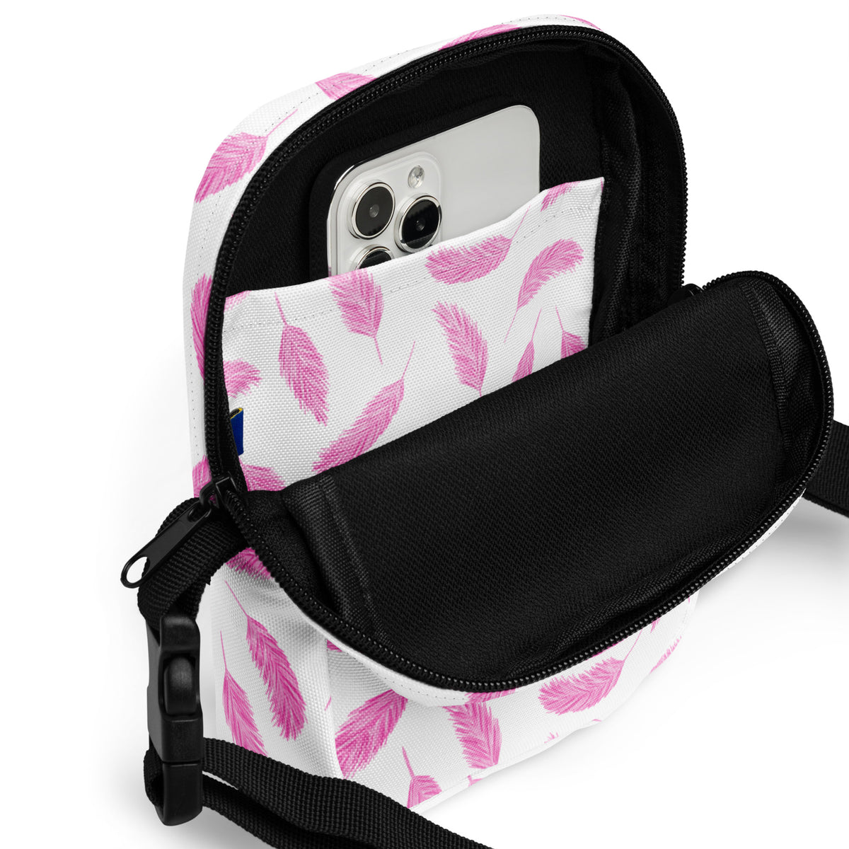 Pink Flamingo Feathers Crossbody Bag – Water Resistant Mini Purse With Adjustable Strap & Pockets