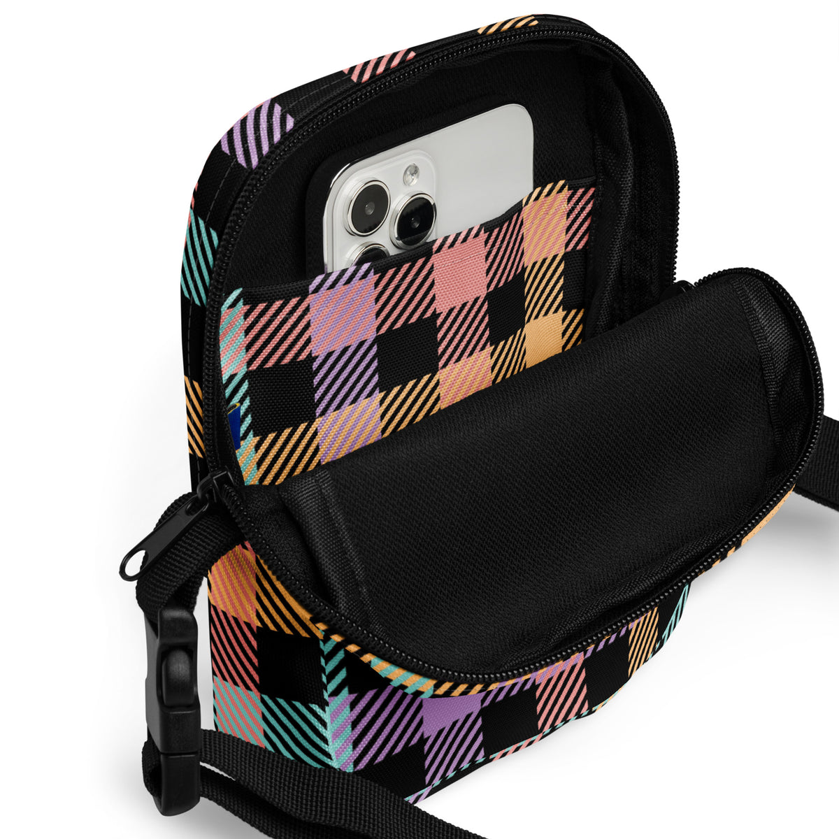 Black Colorful Plaid Crossbody Bag – Water Resistant Mini Purse With Adjustable Strap & Pockets