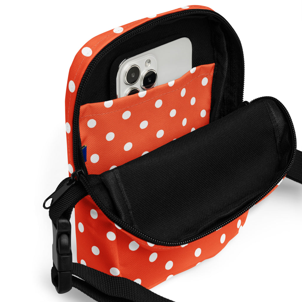Bright Orange Polka Dot Crossbody Bag – Water Resistant Mini Purse With Adjustable Strap & Pockets