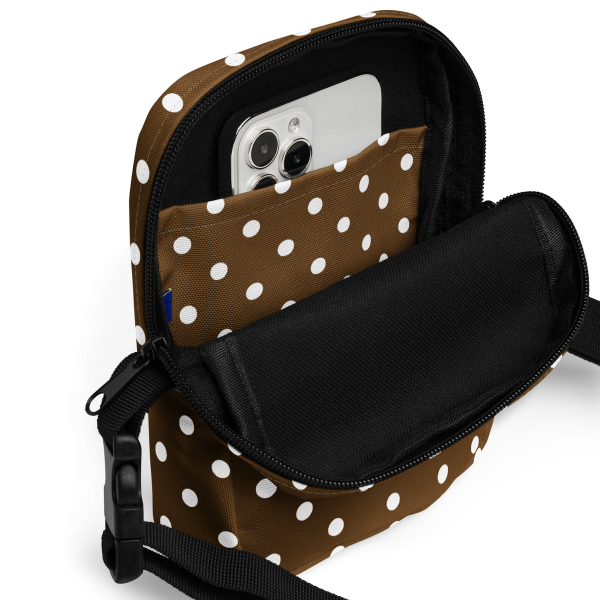 Brown Polka Dot Crossbody Bag – Water Resistant Mini Purse With Adjustable Strap & Pockets