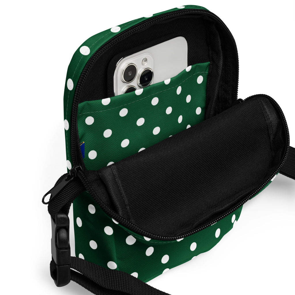 Forest Green Polka Dot Crossbody Bag – Water Resistant Mini Purse With Adjustable Strap & Pockets