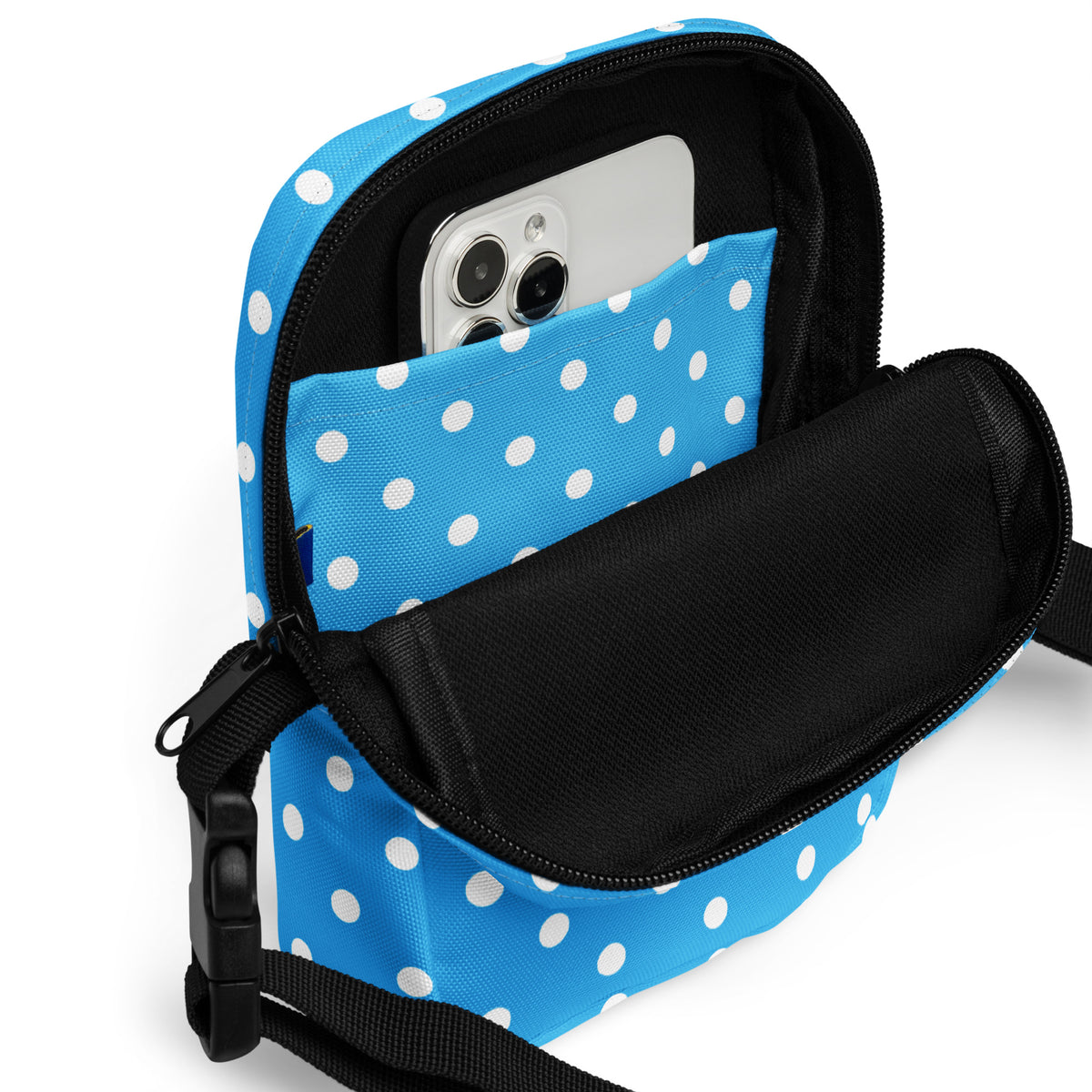 Girls Sky Blue Polka Dot Crossbody Bag – Water Resistant Mini Purse With Adjustable Strap & Pockets