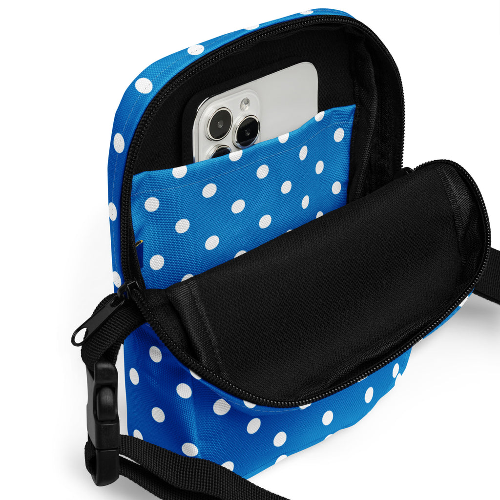 Royal Blue Polka Dot Crossbody Bag – Water Resistant Mini Purse With Adjustable Strap & Pockets