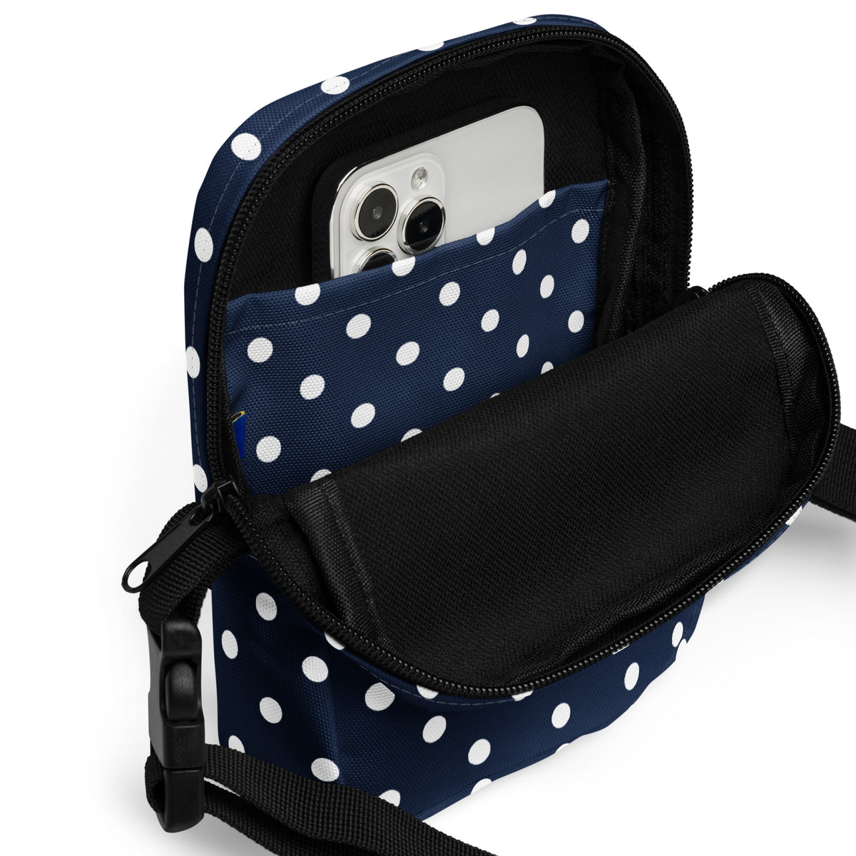 Navy Blue Polka Dot Crossbody Bag – Water Resistant Mini Purse With Adjustable Strap & Pockets