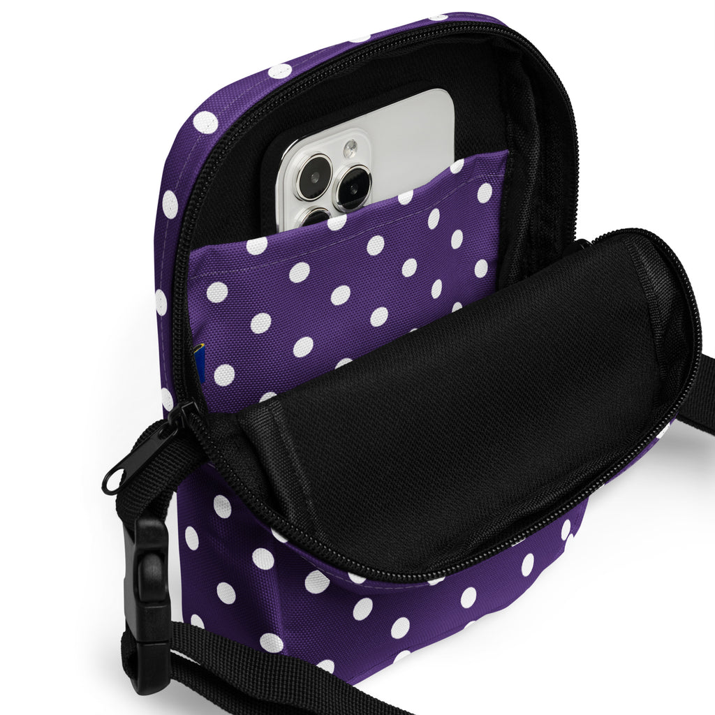 Dark Purple Polka Dot Crossbody Bag – Water Resistant Mini Purse With Adjustable Strap & Pockets