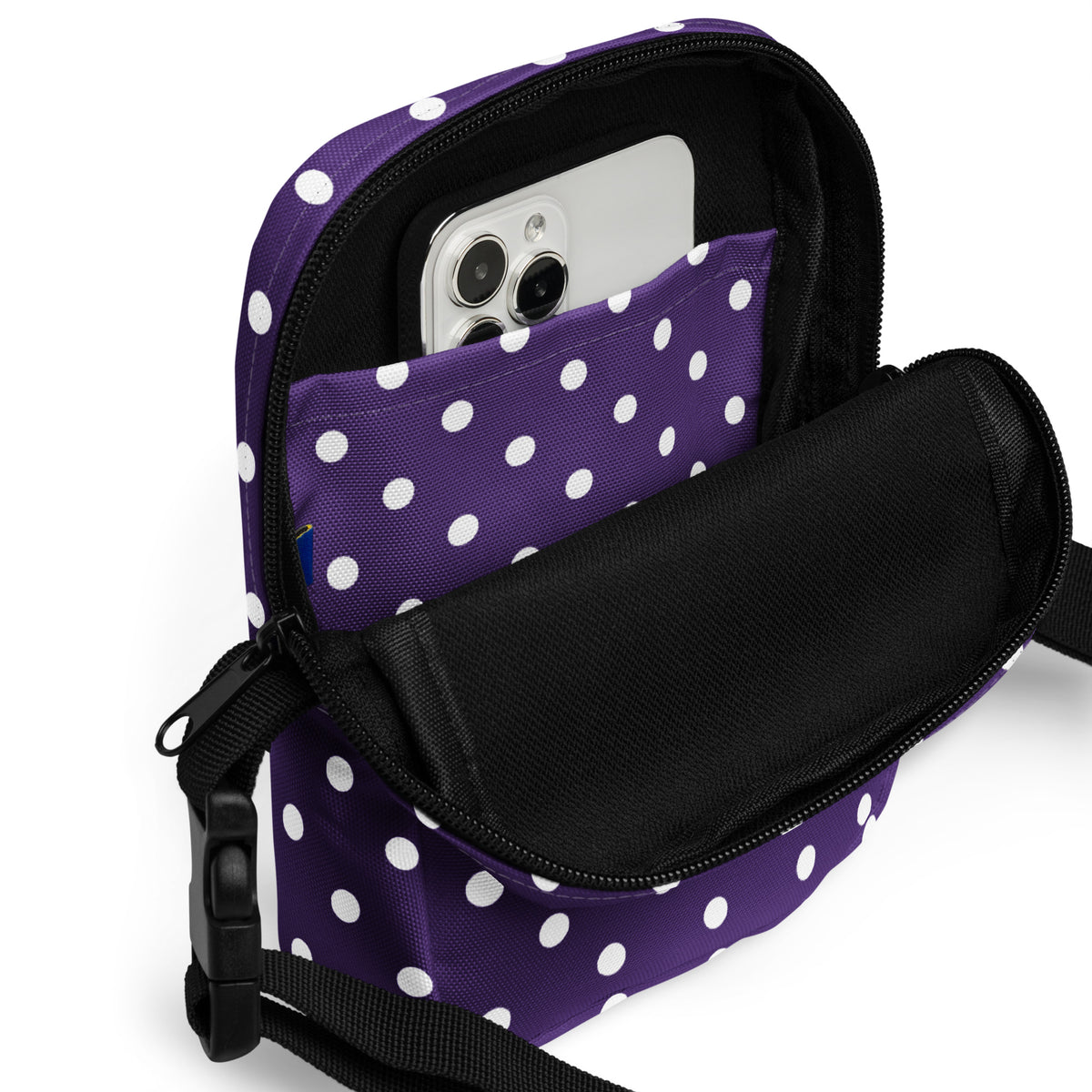 Dark Purple Polka Dot Crossbody Bag – Water Resistant Mini Purse With Adjustable Strap & Pockets