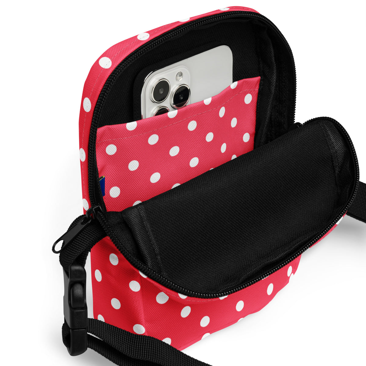 Bright Pink Polka Dot Crossbody Bag – Water Resistant Mini Purse With Adjustable Strap & Pockets